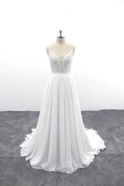 Lace Chiffon A-Line Wedding Dress with Spaghetti Straps