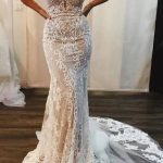 Mermaid Lace Applique Long Train Wedding Dress with Spaghetti Straps