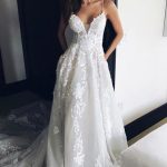 V Neck Beach Court Train Tulle Wedding Dress with Lace Spaghetti Straps