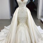 Lace Fit and Flare Wedding Dresses with Overskirt Appliques Detachable Satin Backless Bridal Gowns and Spaghetti Straps