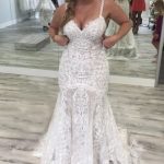 Mermaid V Neck Backless Lace Wedding Dress with Spaghetti Straps