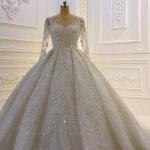 3D Lace Appliques Long Sleeves Church Train Wedding Dress with Sparkle