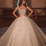 Ball Gown Square Neck Tulle Long Train Wedding Dress with Sparkle