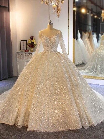 Shinny Long Sleeves Lace-Up Ball Gown Wedding Dresses with Sparkling Details