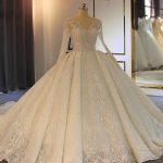 V-Neck Long Sleeves Lace-Up Ball Gown Wedding Dresses with Sparkling Accents