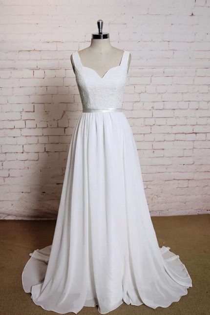 Lace Chiffon A-line Wedding Dress with Square Neck