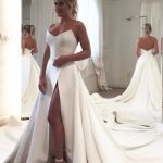 Bodice Corset Leg Slit Satin Backless Long Wedding Dress with Strapless Style