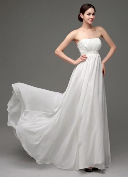 Chiffon A-Line Empire Waist Wedding Gown with Pearl Belt Strapless Design