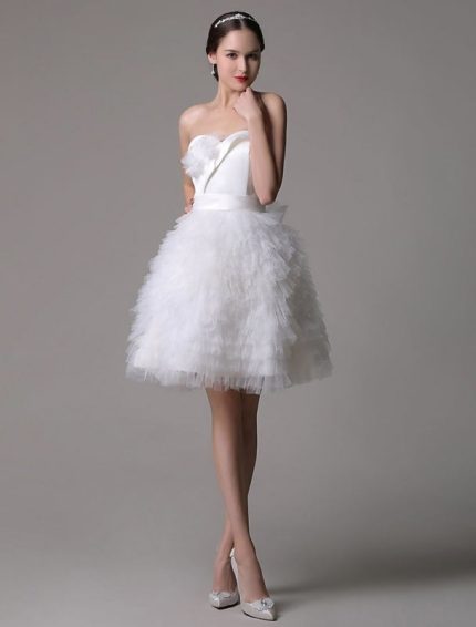 Sweatheart Satin Short Bridal Gown with Tulle Tiered Skirt Strapless