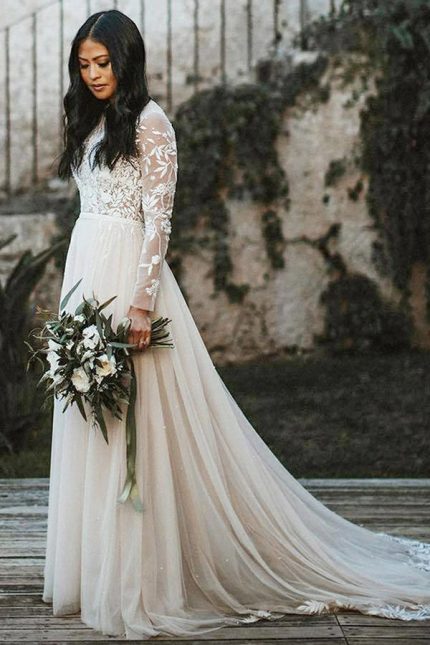 Long Sleevess A-line Wedding Dress Chiffon Bridal Gown Floor Length Stylish
