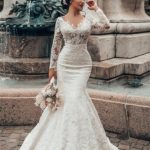 White Floral Lace Mermaid Bridal Dresses with Long Sleeves V-Neck Spring Wedding Dress Stylish