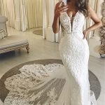 V-neck White Column Court Train Wedding Dress Summer