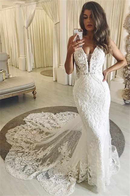 V-neck White Column Court Train Wedding Dress Summer