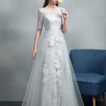 Wedding Dresses Grey Lace Applique Maxi Bridal Gown Backless Half Sleeve Floor Length Bridal Dress Summer