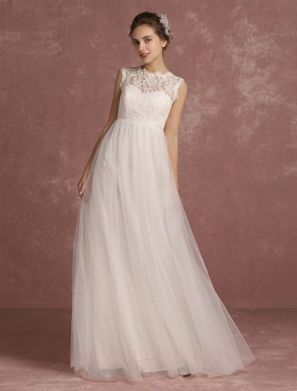 Wedding Dresses Lace Empire Waist Bridal Gown Illusion Sleeveless Round Neck A-Line Floor Length Bridal Dress