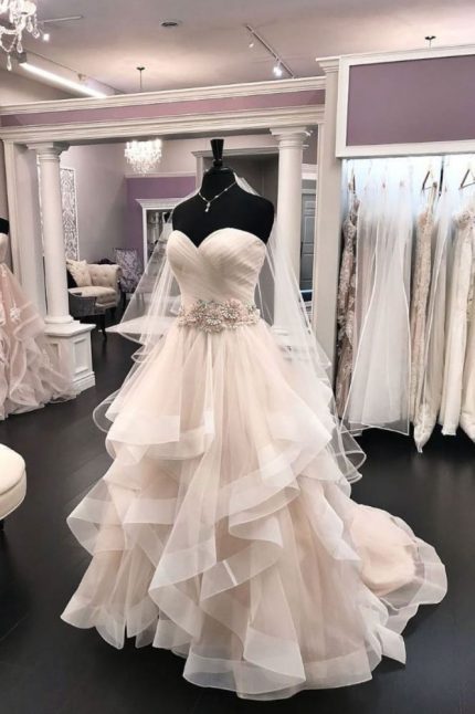 Champange Ruffled Ball Gown Princess Wedding Dress Sweetheart