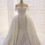 Lace Appliques Off the Shoulder Detachable Train Wedding Dress Sweetheart