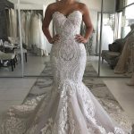 Lace Covered Button Mermaid Wedding Dresses with Lace Sweetheart