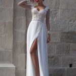 Long Sheer Sleeve Lace Chiffon Split Wedding Dress with Beading Sweetheart