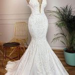 Plugging V-neck Mermaid White Bridal GownsReal Model with Lace Train Sweetheart