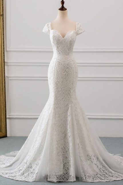 Short Sleeve Lace Mermaid Wedding Dress Sweetheart