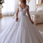 Traditional Ball Gown V-neck Cold Shoulder White Lace Wedding Dress