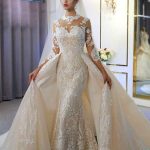High Neck Mermaid Lace Ivory Wedding Dress with Overskirt Trendy