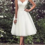 V-Neck Tea Length Lace Tulle A-Line Bridal Gown for a Charming Bridal Shower