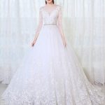 3/4 Sleeves Lace Ball Gown Wedding Dresses V-Neck Style