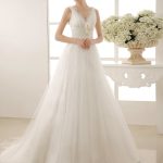 Chapel Train Wedding Dress with Pearls Detailing V-Neck Style