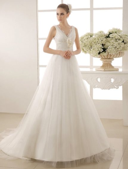Chapel Train Wedding Dress with Pearls Detailing V-Neck Style