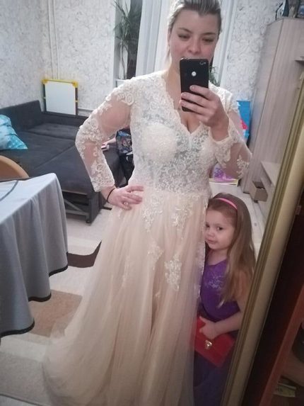 Lace Tulle Long Sleeve A-Line Wedding Dress V-Neck Style