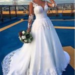 Long Sleeves Covered Button Ball Gown Wedding Dresses V-Neck Design