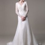 Lace Wedding Dress A-Line with Long Sleeves Pearls Applique and Chapel Train Vintage Grace