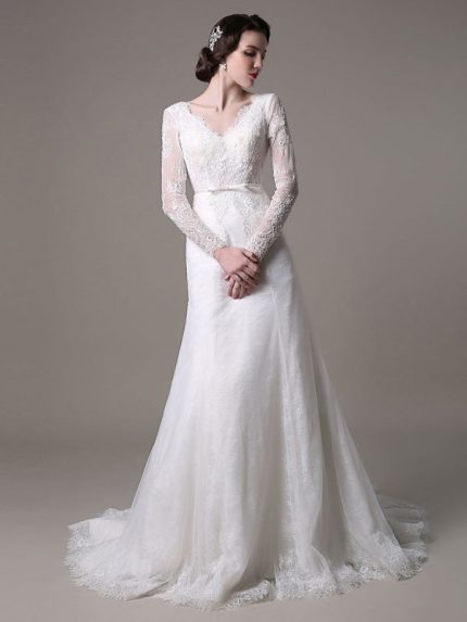 Lace Wedding Dress A-Line with Long Sleeves Pearls Applique and Chapel Train Vintage Grace