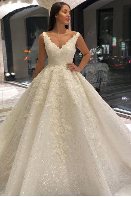 Long A-Line V-Neck Appliques Lace Sequins Wedding Dress Vintage Glamour