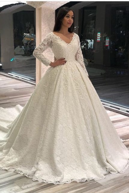 Long A-Line V-Neck Appliques Lace Wedding Dress with Sleeves Vintage Charm