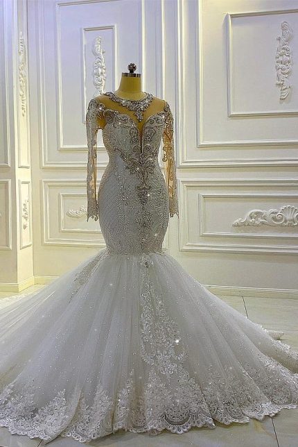 Long Sleeve Appliques Lace Beading Sequins Mermaid Wedding Dress Vintage Glamour