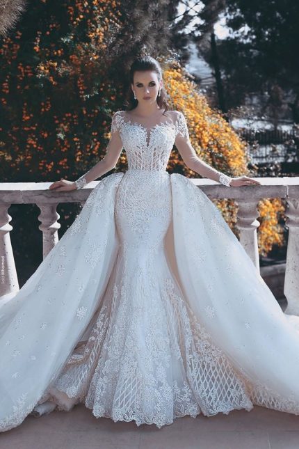 Mermaid Overskirts Long Lace Wedding Dresses Vintage Dramatic