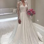 V-Neck Long Sleeve Sweep Satin Wedding Dress with Lace Vintage Sophistication