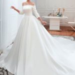 Wedding Dress Satin 3/4 Sleeve Off-The-Shoulder Floor Length Bridal Gowns with Chapel Train Vintage Elegance