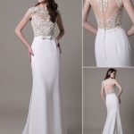 Wedding Dress Lace and Chiffon Sheath with Stunning Bateau Illusion Neckline and Illusion Back Vintage Elegance