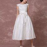 Wedding Dress Satin Short Bridal Gown Lace Beading Tea Length Reception Bridal Dress Detachable Bow Sash Vintage Charm