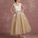 Vintage Short Champagne Lace Applique Bridal Gown with Queen Anne Neck and Keyhole Tea Length Elegance