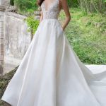 Vintage V-Neck Sleeveless A-Line Lace Satin Bridal Gown with Train Timeless Elegance