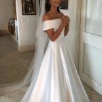 Vintage Off-The-Shoulder Short Sleeve A-Line Satin Bridal Gown with Sweep Train Vintage Glamour