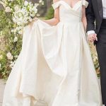 Vintage Off-The-Shoulder Sleeveless Satin Bridal Dress with Court Train and Sash Classic Elegance