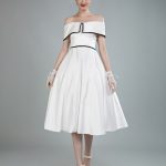 Vintage Satin Off-The-Shoulder A-Line Tea Length Bridal Gown Classic Sophistication