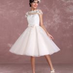Vintage Short Lace Applique Bridal Gown with Illusion and Bow Sash Exclusive Vintage Style