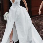 Vintage V-Neck Sleeveless Satin Bridal Gown with Pleated Natural Waist and Train Classic Elegance